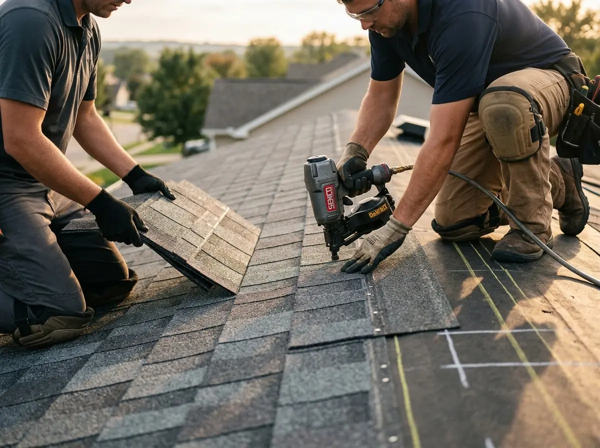 Professional roofer working on a residential roof in Crowley
